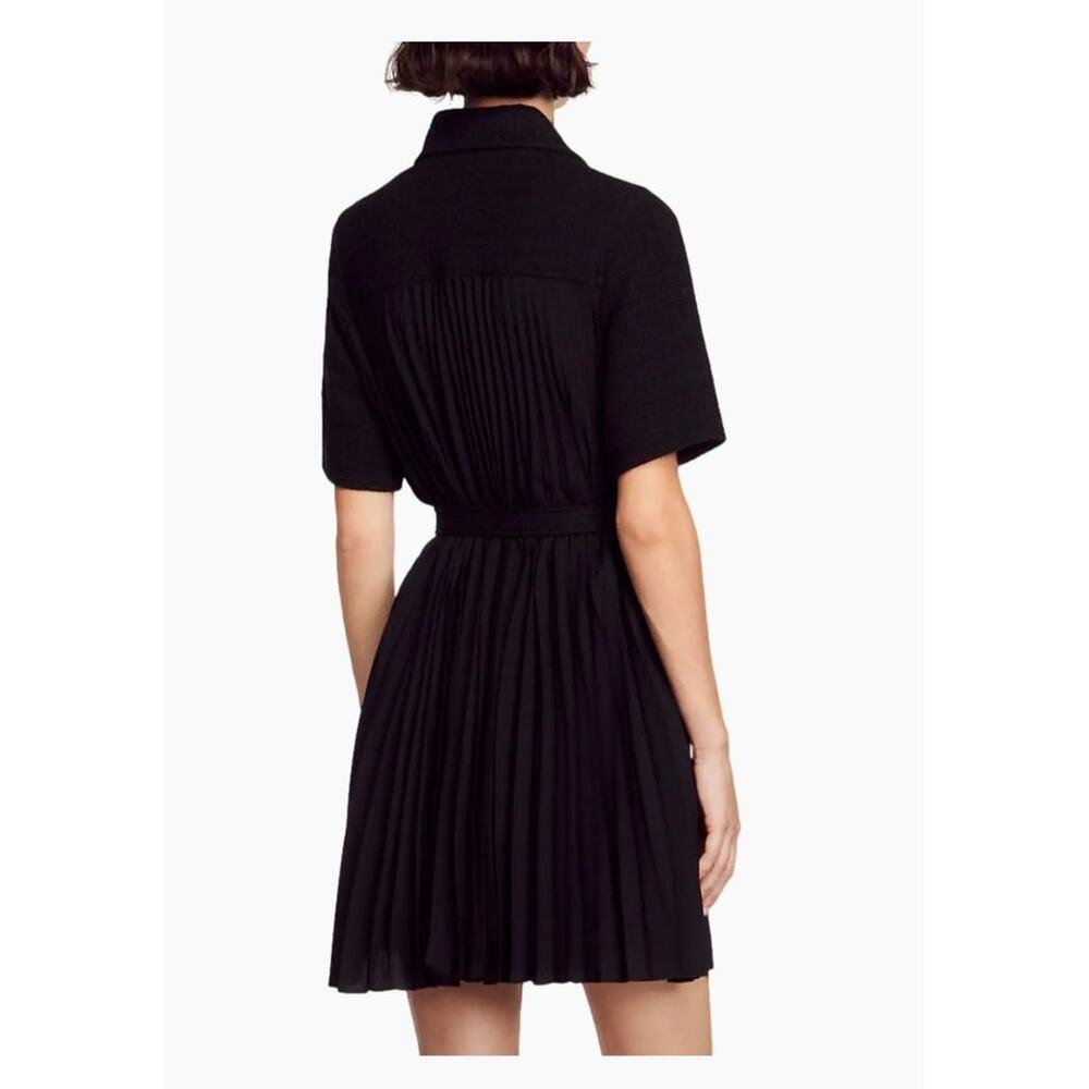 Sandro Nour Tweed Shirt Dress Short-Sleeve Dress in Two Materials -Black Size 40 - Picture 2 of 7